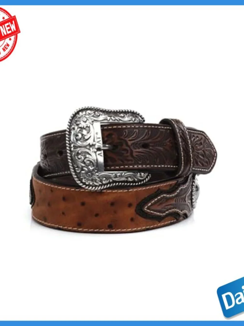 Men's Faux Ostrich Leather Belt with Floral Emboss and Silver Conchos